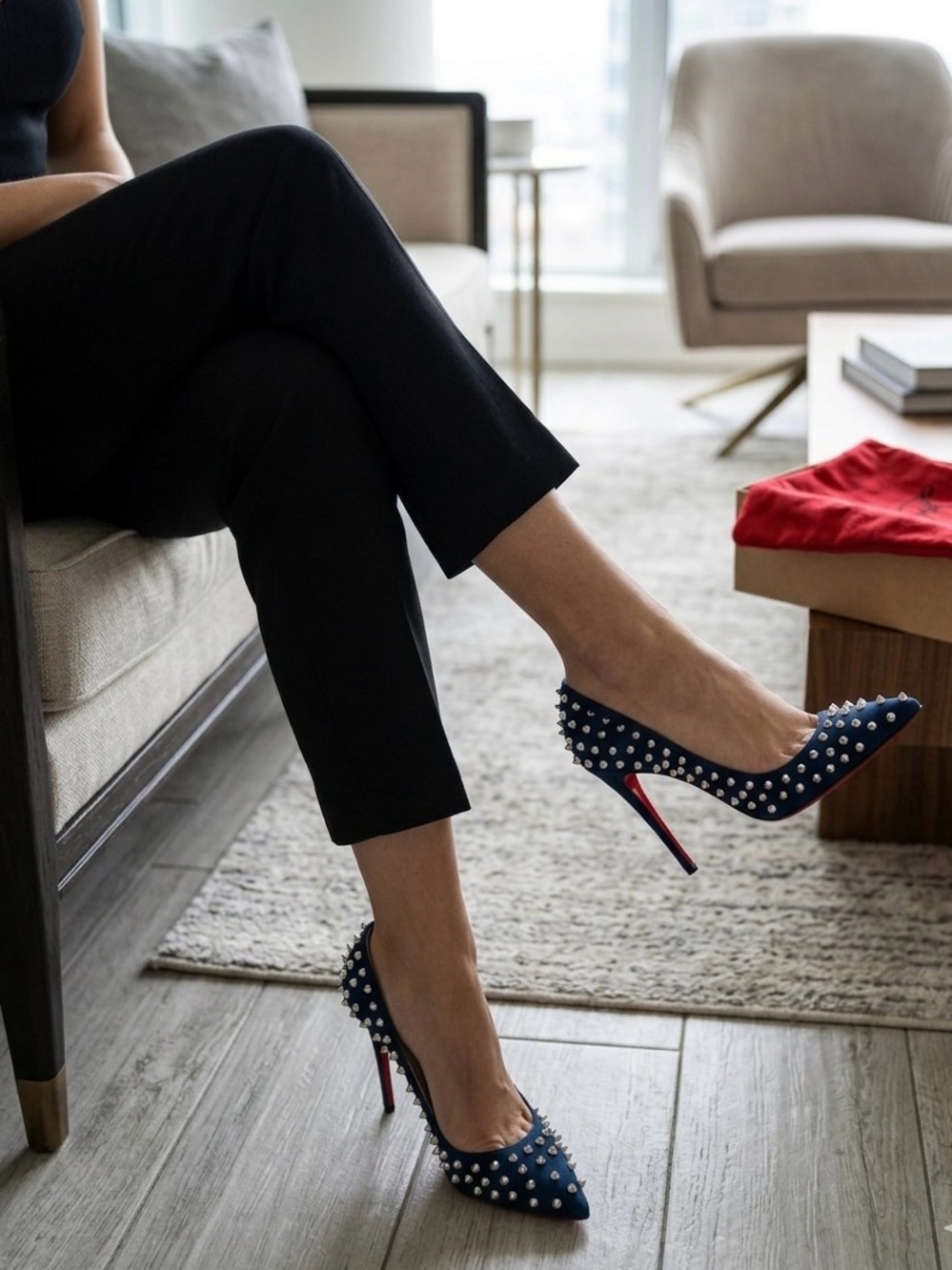 Christian Louboutin Navy Suede Pointed-Toe Studded Pumps